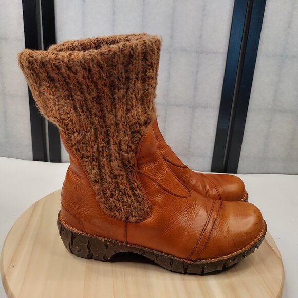 El Naturalista Cognac Leather & Sweater Knit Ankle Boots Women UE 40/ US 7 - Picture 1 of 15